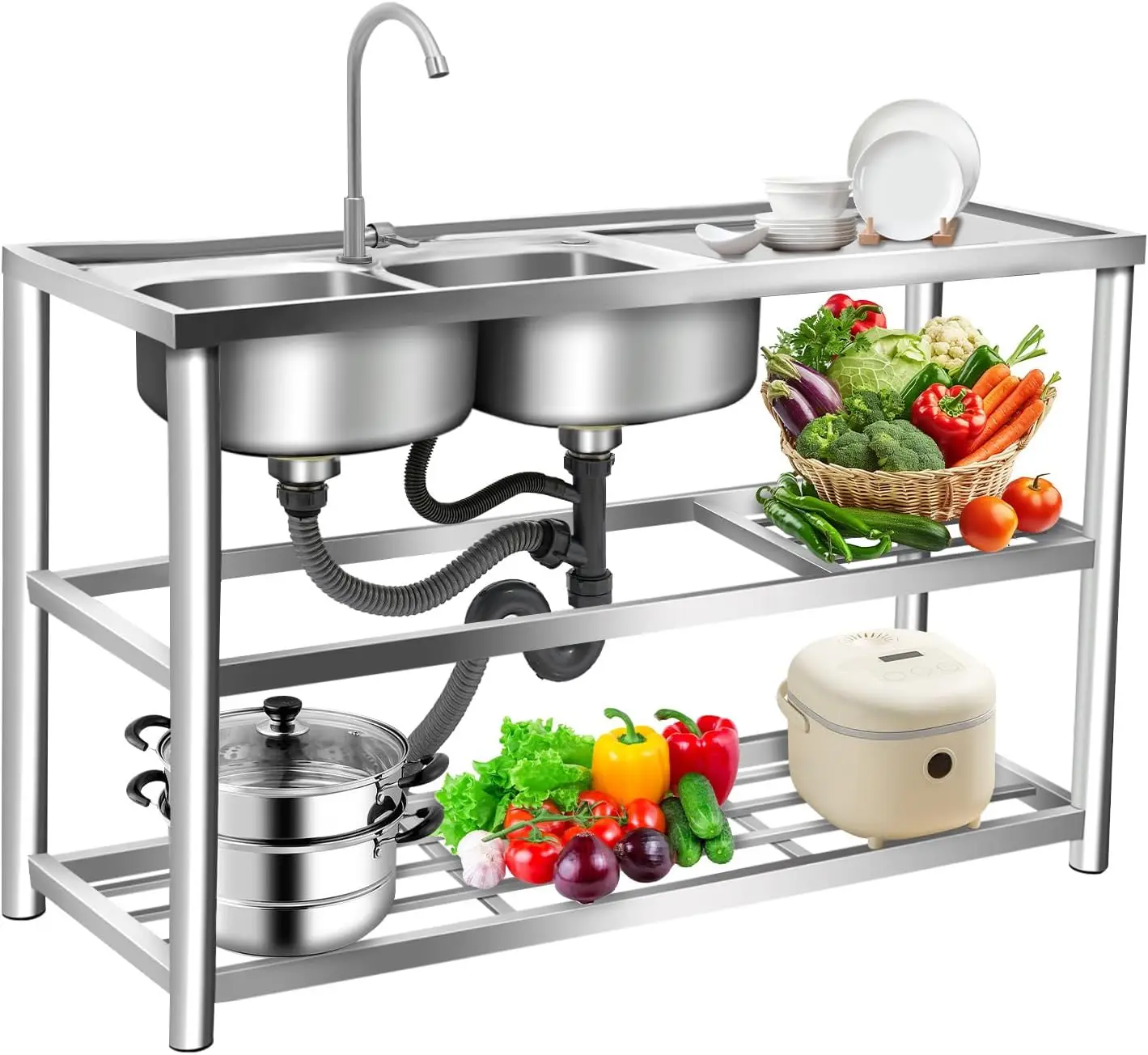 Évier autoportant à 3 niveaux  - Commercial Kitchen Double Sink avis et prix